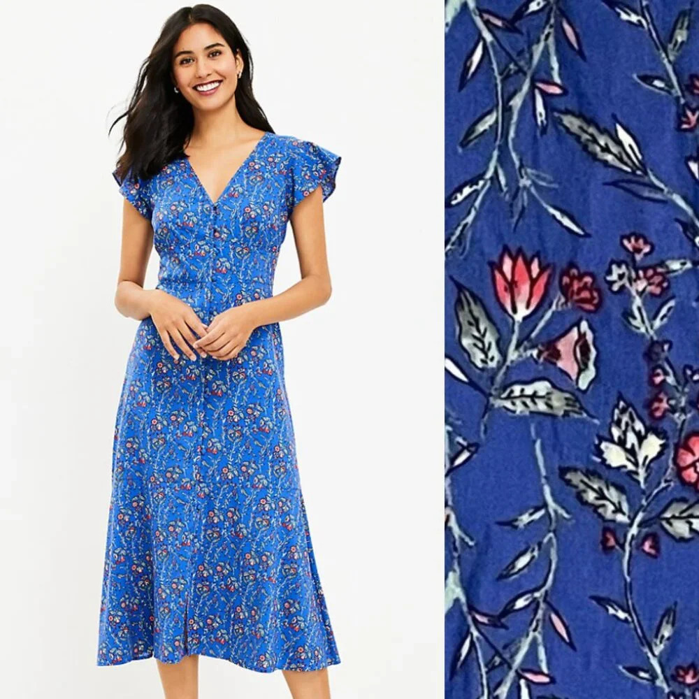 LOFT Blue Floral Midi Dress